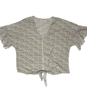 Max‎ Studio Blouse Ruffle Sleeve Tie Front Crop Cottagecore Blue Yellow Floral M